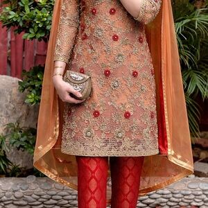Embroidered Red Pakistani Indian Outfit with Gold Detailing